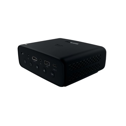 PQ96100 | The Philips PicoPix Micro 2 is the ideal tiny pocket companion to share your content thanks to its USB type C video port and HDMI. Powerful, pocket friendly, built-in speakers and long lasting battery projecting up to 5 hours of your TV show. With 480p resolution and built-in 2x3W speakers offer superior stereo sound in both directions. Place the projector where ever you want. The auto keystone and auto rotation corrections combined with the focus technology allow you to fine-tune images to your needs and place your projector at any distance.