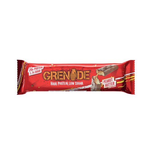 The Grenade Peanut Butter Protein Bar is packed with real peanut chunks on top a peanut butter-flavoured nougat on a bed of gooey caramel, coated in smooth milk chocolate. Packed with 20g protein, yet only 218 Kcal.