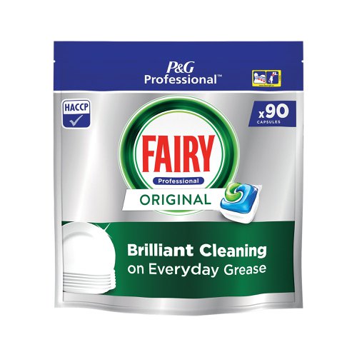 Fairy Dishwasher Tablets combine fast dissolving powder with liquid gel to cut through grease and grime with ease. Cutlery and crockery are left gleaming, even pots with the most caked-on grime. Ideal for professional use, each tablet combines rinse aid action, salt action, metal shine and glass protection. This bulk pack contains 90 tablets.