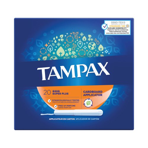 These cardboard applicator tampons have an anti-slip grip, a leak guard skirt, and an absorbent core that offers up to eight hours of Tampax protection. Tampax Super Plus tampons are free from fragrances and dyes and feature an absorbent core plus a skirt for protection. Suitable for heavy flow days, these tampons are both gynecologically tested and independently tested for harmful substances by Oeko-Tex. Supplied in a pack of 8 boxes, each containing 20 tampons (160 tampons in total).