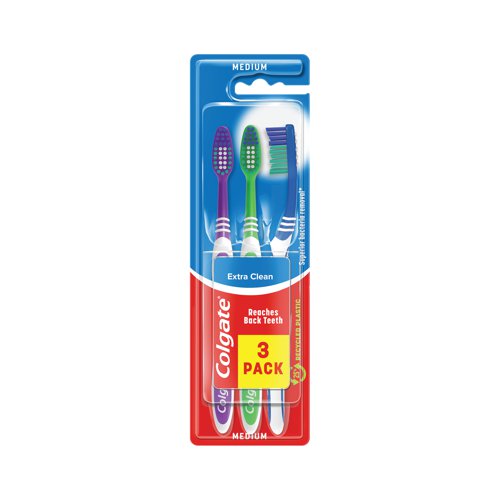 Healthy, happy smiles start with the Colgate Extra Clean Toothbrushes. These toothbrushes have been designed with a cleaning tip for a thorough clean, even of your back teeth. The manual toothbrushes also have a tongue cleaner that gently removes odour causing bacteria for extra confidence. Providing superior bacteria removal with the tongue and cheek cleaner. Supplied in a pack of 12 with each pack containing 3 toothbrushes.