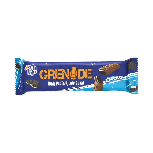 Grenade High Protein, Low Sugar Bar with Oreo, with a creme layer flavoured with genuine Oreo vanilla and a nougat centre loaded with Oreo cocoa. The instantly recognisable black and white centre and a taste to match, Oreo fans will love this bar. Wrapped in Granade's signature low sugar chocolate, with a topping of Oreo pieces. With 21g protein, 1g of sugar. Pack of 12 protein bars.