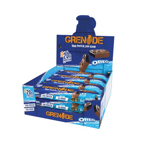 Grenade High Protein, Low Sugar Bar with Oreo, with a creme layer flavoured with genuine Oreo vanilla and a nougat centre loaded with Oreo cocoa. The instantly recognisable black and white centre and a taste to match, Oreo fans will love this bar. Wrapped in Granade's signature low sugar chocolate, with a topping of Oreo pieces. With 21g protein, 1g of sugar. Pack of 12 protein bars.