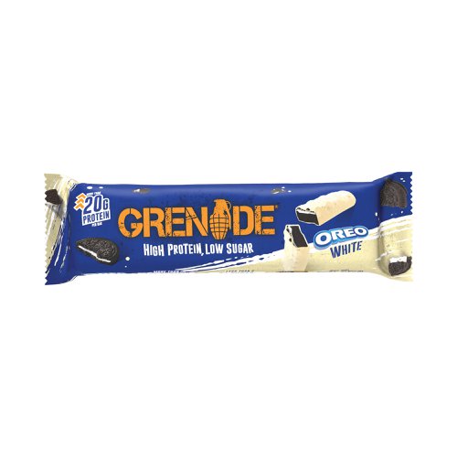 Grenade high protein, low sugar bar white Oreo are packed with 21g of protein and real Oreo biscuit pieces. Features a creme layer flavoured with Oreo vanilla and a nougat centre loaded with Oreo cocoa, wrapped in an extra indulgent smooth layer of white chocolate, with a topping of real Oreo pieces. Box contains 12 Oreo protein bars.