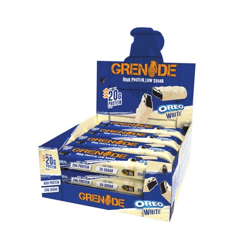 Grenade high protein, low sugar bar white Oreo are packed with 21g of protein and real Oreo biscuit pieces. Features a creme layer flavoured with Oreo vanilla and a nougat centre loaded with Oreo cocoa, wrapped in an extra indulgent smooth layer of white chocolate, with a topping of real Oreo pieces. Box contains 12 Oreo protein bars.