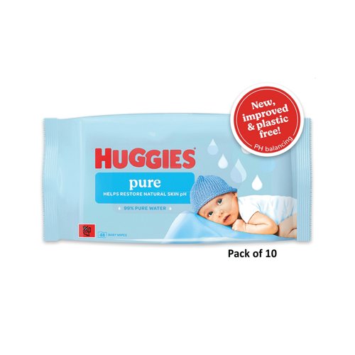 Huggies Pure Plastic Free Baby Wipes 48 Wipes Pack of 10 C011365