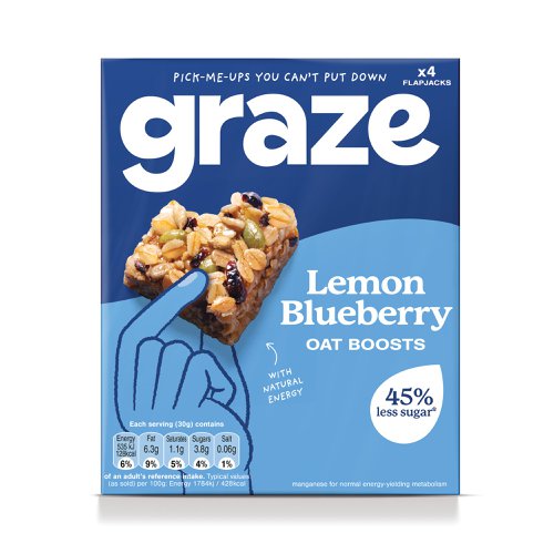 Graze Lemon and Blueberry Oat Boosts are lemon and blueberry flavoured wholegrain oat and mixed seed flapjacks. Providing a source of manganese for energy-yielding metabolism, these 30g bars are supplied in a pack of 4.