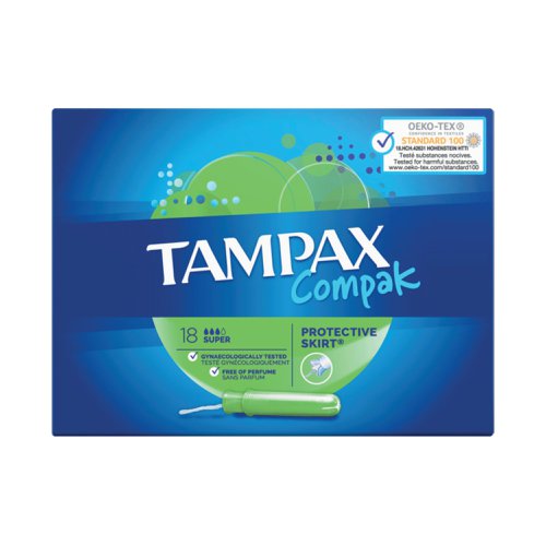 Tampax Compak Regular tampons offer protection and discretion for medium to heavy flow days during your period. Free from fragrances and dyes. Tampax Compak tampons come with a compact and discreet plastic applicator and a rounded tip for comfortable insertion. With absorption channels to absorb directly to the core and a protective skirt to help prevent leaks for a worry free period. Tampax Compak tampons have been gynaecologically tested, independently tested for harmful substances by Oeko-Tex. Trusted leak-free protection. 18 tampons per box. 6 packs supplied.