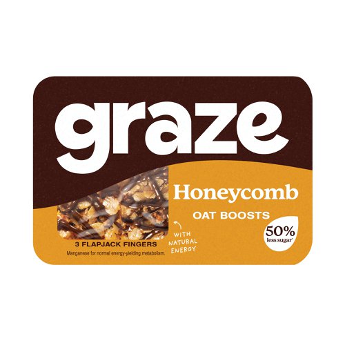 Graze Honeycomb Boosts are wholegrain oat flapjacks made with golden syrup and honeycomb pieces topped with a chocolate flavour drizzle. Providing a source of manganese for energy-yielding metabolism, these 50g bars are supplied in a pack of 9.