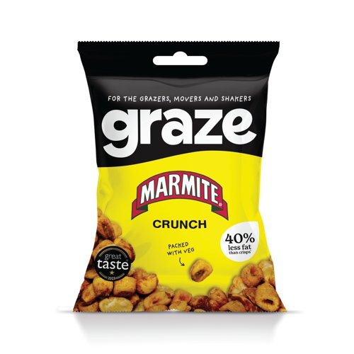 Graze Marmite Crunch 35g pack with yeast extract seasoned broad beans and corn hoops. An intensely flavoured, light and crunchy crisp alternative packed with vegetables. Supplied in a pack of 10.