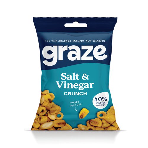 Graze Salt and Vinegar Crunch 35g pack with salt and pepper seasoned broad beans, corn and corn hoops. An intensely flavoured, light and crunchy crisp alternative packed with vegetables. Supplied in a pack of 10.