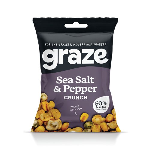 Graze Salt and Pepper Crunch 35g pack with salt and pepper seasoned broad beans, corn and coated peas. An intensely flavoured, light and crunchy crisp alternative packed with vegetables. Supplied in a pack of 10.