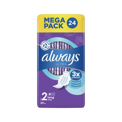 Always Ultra Long Size 2 sanitary towels use the latest technology to create a multifunctional pad with 3 protection features. The InstantDry system absorbs liquid in seconds and keeps wetness away from your skin. LeakGuard technology locks liquid and helps to prevent leaks. These pads are also equipped with an OdourLock technology that neutralises odours, so that you can feel fresh and clean during your period. With Always Ultra you can feel confident all day long. Individually wrapped for hygiene. Dermatologically approved. 24 sanitary pads per pack.