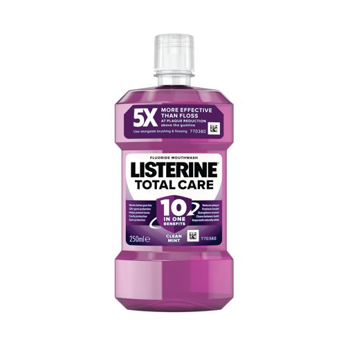 Listerine Total Care Mouthwash is formulated to offer complete oral care. It provides six essential benefits, including plaque reduction, gum protection, fresh breath, cavity prevention, teeth strengthening, and clean and healthy gums. This mouthwash contains an antiseptic formula with active ingredients that help fight germs and bacteria, ensuring a clean and healthy oral environment. The clean mint flavour leaves your mouth feeling refreshed and your breath smelling pleasant, providing a clean and invigorating sensation after each use. Listerine Total Care Mouthwash is alcohol-free, making it gentle on your mouth and suitable for daily use without causing dryness or irritation. The 250ml bottle is a practical size for daily oral hygiene routines and for on-the-go use.