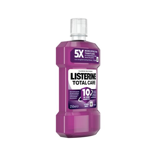 Listerine Total Care Mouthwash is formulated to offer complete oral care. It provides six essential benefits, including plaque reduction, gum protection, fresh breath, cavity prevention, teeth strengthening, and clean and healthy gums. This mouthwash contains an antiseptic formula with active ingredients that help fight germs and bacteria, ensuring a clean and healthy oral environment. The clean mint flavour leaves your mouth feeling refreshed and your breath smelling pleasant, providing a clean and invigorating sensation after each use. Listerine Total Care Mouthwash is alcohol-free, making it gentle on your mouth and suitable for daily use without causing dryness or irritation. The 250ml bottle is a practical size for daily oral hygiene routines and for on-the-go use.