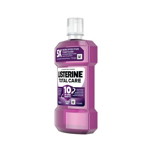 Listerine Total Care Mouthwash is formulated to offer complete oral care. It provides six essential benefits, including plaque reduction, gum protection, fresh breath, cavity prevention, teeth strengthening, and clean and healthy gums. This mouthwash contains an antiseptic formula with active ingredients that help fight germs and bacteria, ensuring a clean and healthy oral environment. The clean mint flavour leaves your mouth feeling refreshed and your breath smelling pleasant, providing a clean and invigorating sensation after each use. Listerine Total Care Mouthwash is alcohol-free, making it gentle on your mouth and suitable for daily use without causing dryness or irritation. The 250ml bottle is a practical size for daily oral hygiene routines and for on-the-go use.