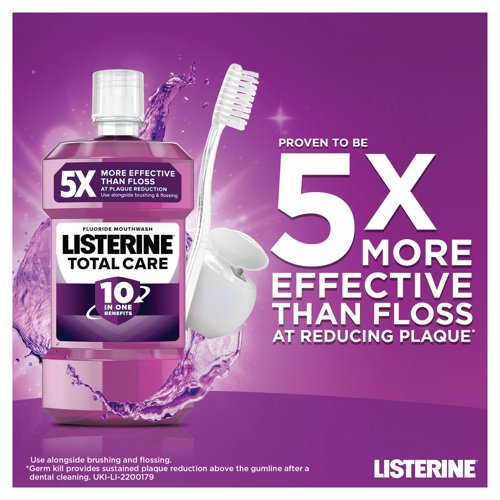 Listerine Total Care Mouthwash is formulated to offer complete oral care. It provides six essential benefits, including plaque reduction, gum protection, fresh breath, cavity prevention, teeth strengthening, and clean and healthy gums. This mouthwash contains an antiseptic formula with active ingredients that help fight germs and bacteria, ensuring a clean and healthy oral environment. The clean mint flavour leaves your mouth feeling refreshed and your breath smelling pleasant, providing a clean and invigorating sensation after each use. Listerine Total Care Mouthwash is alcohol-free, making it gentle on your mouth and suitable for daily use without causing dryness or irritation. The 250ml bottle is a practical size for daily oral hygiene routines and for on-the-go use.