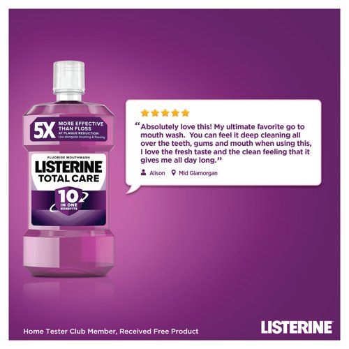 Listerine Total Care Mouthwash is formulated to offer complete oral care. It provides six essential benefits, including plaque reduction, gum protection, fresh breath, cavity prevention, teeth strengthening, and clean and healthy gums. This mouthwash contains an antiseptic formula with active ingredients that help fight germs and bacteria, ensuring a clean and healthy oral environment. The clean mint flavour leaves your mouth feeling refreshed and your breath smelling pleasant, providing a clean and invigorating sensation after each use. Listerine Total Care Mouthwash is alcohol-free, making it gentle on your mouth and suitable for daily use without causing dryness or irritation. The 250ml bottle is a practical size for daily oral hygiene routines and for on-the-go use.