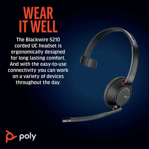 Poly Blackwire 5210 Monaural 3.5mm + USB-C/A Headset Bulk 8X230A6