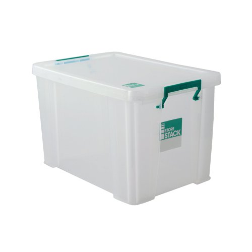 This StoreStack storage box provides a tough and durable storage solution for the office, home or warehouse. The base and corners are reinforced for extra strength and durability, making them ideal for long term storage. The storage box can be stacked with or without the included lid for versatile use. The lid also includes location guides for non-slip, secure stacking. The box also contains handles, which clip the lid in place and make transportation easier. This clear 2.6 litre box is ideal for stationery and craft items, and measures W240 x D130 x H140mm.