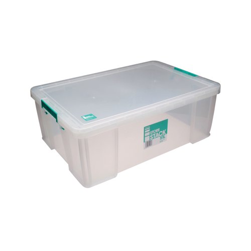 These heavy duty, stackable boxes provide a tough and durable storage solution for the office, home or warehouse. The base and corners are reinforced for extra strength and durability, making them ideal for long term storage. The storage box can be stacked with or without the included lid for versatile use. The lid also includes location guides for non-slip, secure stacking. The box also contains handles, which clip the lid in place and make transportation easier. This 51 litre storage box measures W660 x D440 x H230mm.