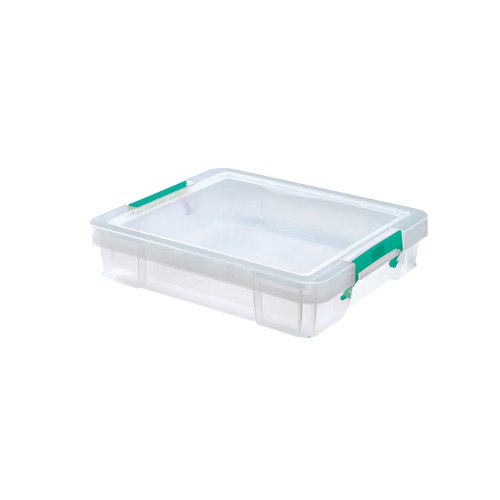 This heavy duty, stackable, polypropylene box provides a tough and durable storage solution for the office, home or warehouse. The base and corners are reinforced for extra strength and durability, which is ideal for long term storage. The storage box can be stacked with or without the included lid for versatile use. The lid also includes location guides for non-slip, secure stacking. The box also contains handles, which clip the lid in place and make transportation easier. This pack contains 1 clear storage box with a 9 litre capacity, measuring W430 x D360 x H90mm.