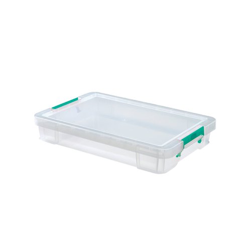 This heavy duty, stackable, polypropylene box provides a tough and durable storage solution for the office, home or warehouse. The base and corners are reinforced for extra strength and durability, which is ideal for long term storage. The storage box can be stacked with or without the included lid for versatile use. The lid also includes location guides for non-slip, secure stacking. The box also contains handles, which clip the lid in place and make transportation easier. This pack contains 1 clear storage box with a 12 litre capacity, measuring W550 x D360 x H90mm.