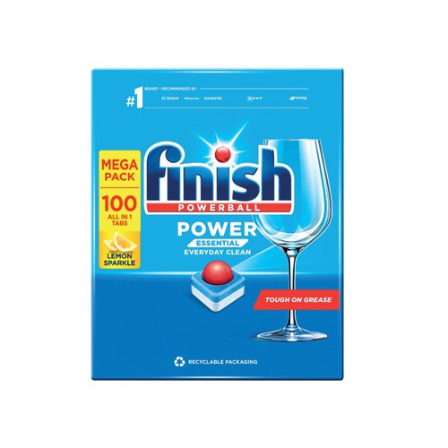 RK01981 | The Finish Power Essential dishwasher tablets provide clean and shining dishes first time, every time. The powerball supercharges the tablets to remove food and grease from dishes for everyday clean results. These tablets are lemon scented.