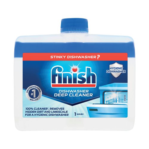 For a hygienically clean dishwasher, this Finish dishwasher deep cleaner cleans the hidden parts, keeping it fresh and free from grease and limescale. Simply peel off the sticker from the bottle cap, turn upside down, place it into the dish rack and set off a cycle. 1 wash. Bottle contains 250ml.