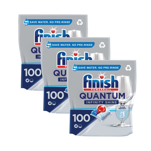 Finish Quantum Infinity Shine Dishwasher tablets for a deep clean and sparkling shine for your dishes every time. Tough on stains and gentle on glasses. The glass protect effectively protects your glassware to keep it shiny for longer. No pre-rinse required, saving water and energy. This promotion includes 3 packs of 100 tabs for the price of 2 (300 tabs in total).