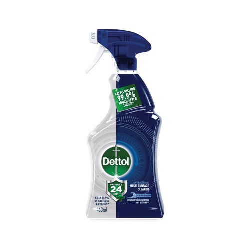 RK88253 | Dettol 24 Hour Protect Multi Surface Cleaner is suitable for most surfaces, removing tough everyday dirt and stains, keeping them protected for up to 24 hours. Killing 99.9% of bacteria and viruses. Ocean fresh scent. Bottle contains 460ml.