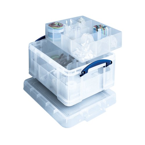 Keep small and fiddly components and supplies neatly stored away in this 21 Litre Plastic Divided Storage Box from Really Useful. Keep smaller parts safe and neatly stored in the 6-part and 12-part trays for tidy compartmentalised storage. The clear sides let you see contents at a glance for efficient organisation, and provide sturdy protection from the elements and vermin. The design is stackable as well for space-saving storage, and features handles for easy carrying.