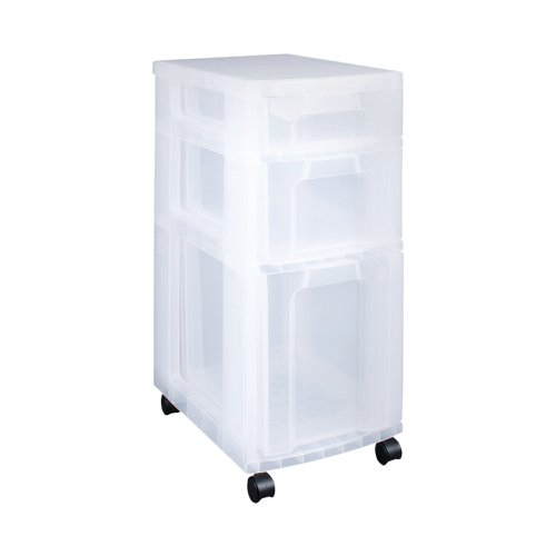 Ideal for office, school or home storage and organisation, the Really Useful Clear Plastic Storage Tower lives up to its name, providing you with space for a range of items. This item has three separate draws, 7 litre and 12 litre for the storage of loose items and a 25 litre drawer that is suitable for use with A4 suspension files. Castors ensure that it is not difficult to move and position your tower to place it in an area that is convenient to you.