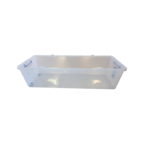 This 134 litre transparent storage box features lockable clip handles to secure compatible lids (sold separately). Made from clear 100% polypropylene, it is easy to view the contents without the need to unstack or open the box. Compatible with the 134 litre lid, the box is ideal for storing toys, garden furniture or seasonal decorations. Complete with roller wheels and pull handle, the box is ideal for storing heavy, bulky items.