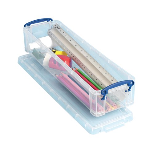 Big enough for a 30cm ruler, this Clear 1.5L Pencil/Stationery Box from Really Useful is ideal for storage of all your stationery supplies. Measuring 100x355x70mm, it provides plenty of space for pens, pencils, rubbers, rulers and other essential stationery. The lid locks securely to keep everything neatly contained, and is also clear to clearly show the contents - great for a well-organised desk or drawer.