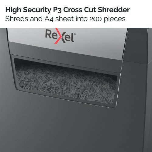 Rexel Momentum X308 Paper Shredder shreds up to 8 sheets in one go, with a 3 minute continuous run time, making it ideal for home use. Featuring P-3 security which cross-cuts paper into 5 x 42 mm pieces, the shredder has a bin capacity of 15 Litres, holding up to 100 A4 sheets.