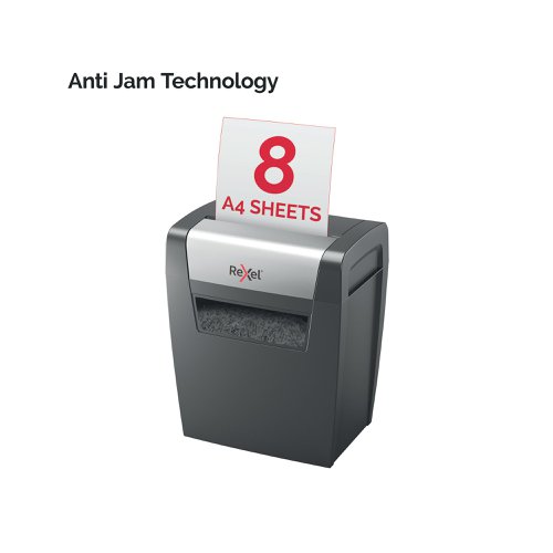 Rexel Momentum X308 Paper Shredder shreds up to 8 sheets in one go, with a 3 minute continuous run time, making it ideal for home use. Featuring P-3 security which cross-cuts paper into 5 x 42 mm pieces, the shredder has a bin capacity of 15 Litres, holding up to 100 A4 sheets.