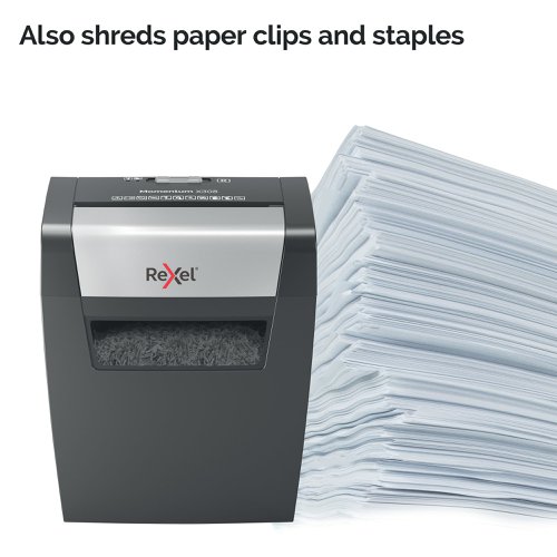 Rexel Momentum X308 Paper Shredder shreds up to 8 sheets in one go, with a 3 minute continuous run time, making it ideal for home use. Featuring P-3 security which cross-cuts paper into 5 x 42 mm pieces, the shredder has a bin capacity of 15 Litres, holding up to 100 A4 sheets.