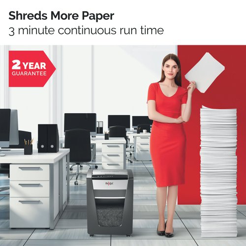 Rexel Momentum X308 Paper Shredder shreds up to 8 sheets in one go, with a 3 minute continuous run time, making it ideal for home use. Featuring P-3 security which cross-cuts paper into 5 x 42 mm pieces, the shredder has a bin capacity of 15 Litres, holding up to 100 A4 sheets.