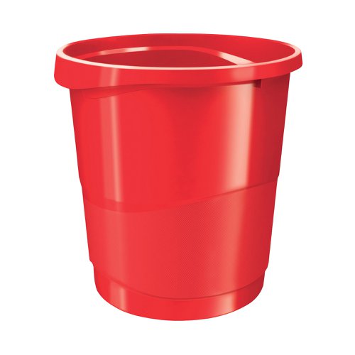 RX58128 | This Rexel 14L capacity, waste bin features a contrasting textured finish with an easy clean interior for convenience. The bin is stackable and has an integrated carry handle for easy emptying. Supplied in red.