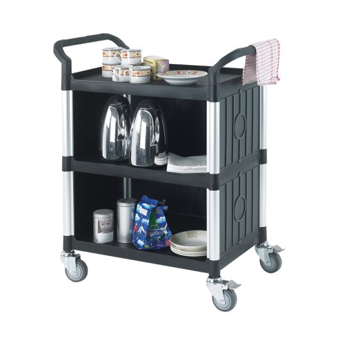 With sleek black sides and a polished chrome finish frame, this trolley makes a great impression and is ideal for front of house use. Fill it up with up to 200kg of catering supplies and it still glides smoothly on the four rubber-tyred swivel castors. The sturdy plastic frame is enclosed on three sides and open on one for easy access to the interior shelves. This trolley sits on 4 x 100mm castors, 2 of which have brakes and measures 750 x 460 x 980mm.