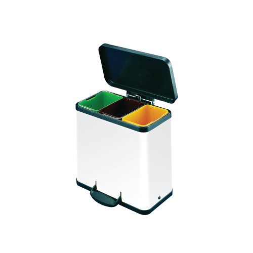 An attractive and useful waste separation system that would not look out of place anywhere. Manufactured with a white shell, the black plastic lid opens to reveal three 9 litre colour coded bins, ideal for sorting waste and recycling. The bin operates by way of a pedal system, so the lid seldom needs to be touched.