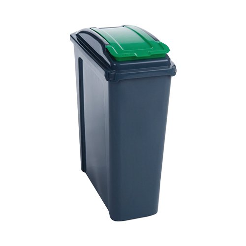 Ideal for workplaces or homes with space saving requirements, this slimline recycling bin has a 25 litre capacity and is made from 100% polypropylene for strength and durability. Great for use as part of a colour coordinated recycling system, this bin has a grey body and green lid. The bin measures W190 x D510 x H400mm.