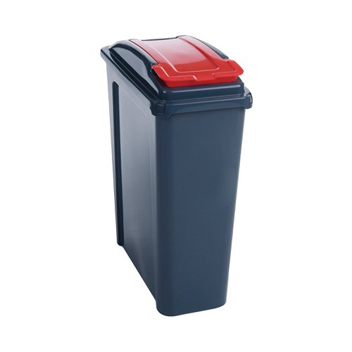 Ideal for workplaces or homes with space saving requirements, this slimline recycling bin has a 25 litre capacity and is made from 100% polypropylene for strength and durability. Great for use as part of a colour coordinated recycling system, this bin has a grey body and red lid. The bin measures W190 x D510 x H400mm.