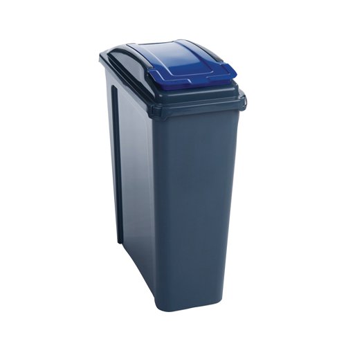 Ideal for workplaces or homes with space saving requirements, this slimline recycling bin has a 25 litre capacity and is made from 100% polypropylene for strength and durability. Great for use as part of a colour coordinated recycling system, this bin has a grey body and blue lid. The bin measures W190 x D510 x H400mm.