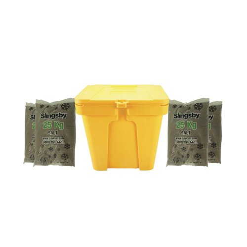 Heavy Duty Lockable Salt and Grit Bin Yellow 110L with Brown Rock Salt 395099