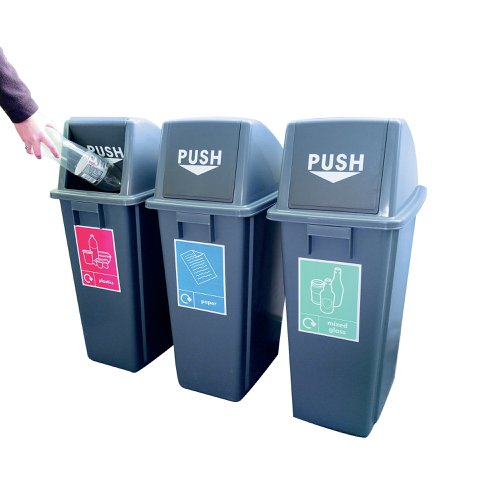 This set of three 60L recycling bins provides a sturdy container with a push open swing lid (push flap). Suitable for multipurpose indoor recycling. Supplied with 6 recycling stickers.