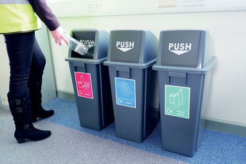 This set of three 60L recycling bins provides a sturdy container with a push open swing lid (push flap). Suitable for multipurpose indoor recycling. Supplied with 6 recycling stickers.