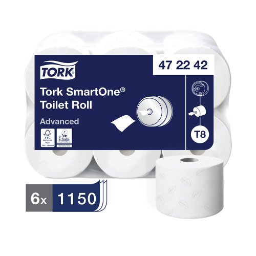 SCA05853 | Reduce washroom paper consumption with our Tork SmartOne Toilet Roll. It provides one sheet at a time for hygienic use. This high-capacity roll fits in a range of SmartOne dispensers for demanding washrooms with high traffic. Its dispensing method cuts consumption by up to 40% compared to jumbo toilet roll dispensers, meaning more visits per roll and less maintenance. Blocked pipes are minimised due to the paper's quick disintegration and packaging is hassle-free with the Tork Easy Handling Bag.