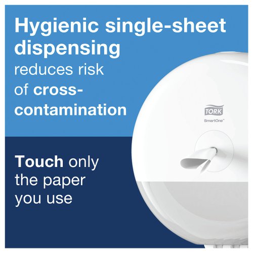 SCA05853 | Reduce washroom paper consumption with our Tork SmartOne Toilet Roll. It provides one sheet at a time for hygienic use. This high-capacity roll fits in a range of SmartOne dispensers for demanding washrooms with high traffic. Its dispensing method cuts consumption by up to 40% compared to jumbo toilet roll dispensers, meaning more visits per roll and less maintenance. Blocked pipes are minimised due to the paper's quick disintegration and packaging is hassle-free with the Tork Easy Handling Bag.